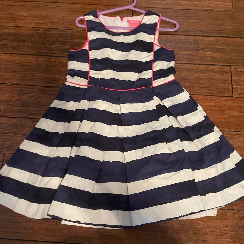 Isaac Mizrahi Blue and White Pleated A-Line Dress with Pink Piping